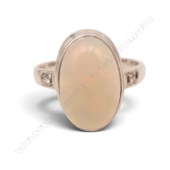 SILVER DIAMOND & OPAL RING, SIZE P1/2
