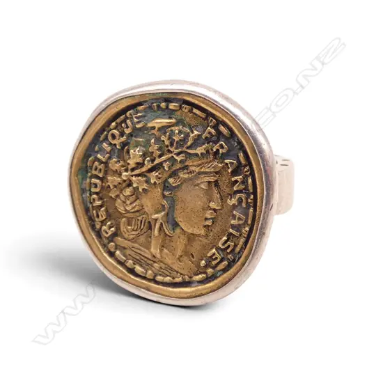 'PALAS 925' SILVER  RING with brass coin SIZE N