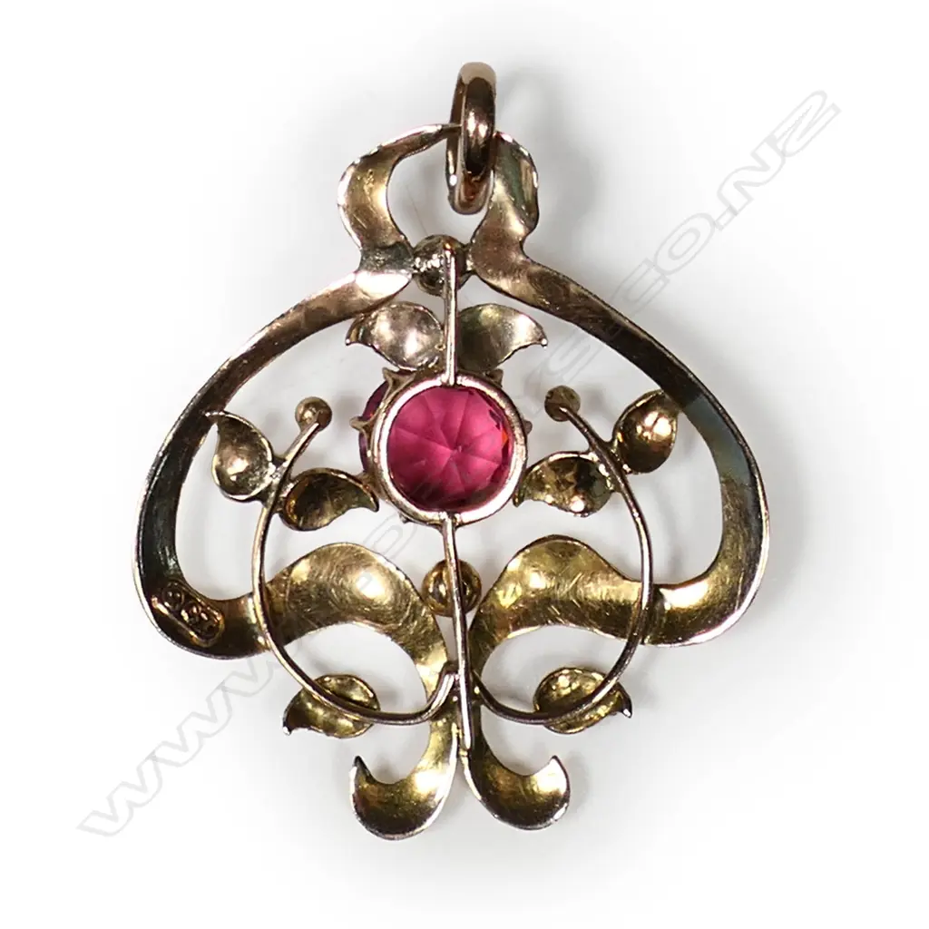 EDWARDIAN ART NOUVEAU 9CT Y.GOLD & PINK TOURMALINE DOUBLET PENDANT, 2.25gm Image 1++