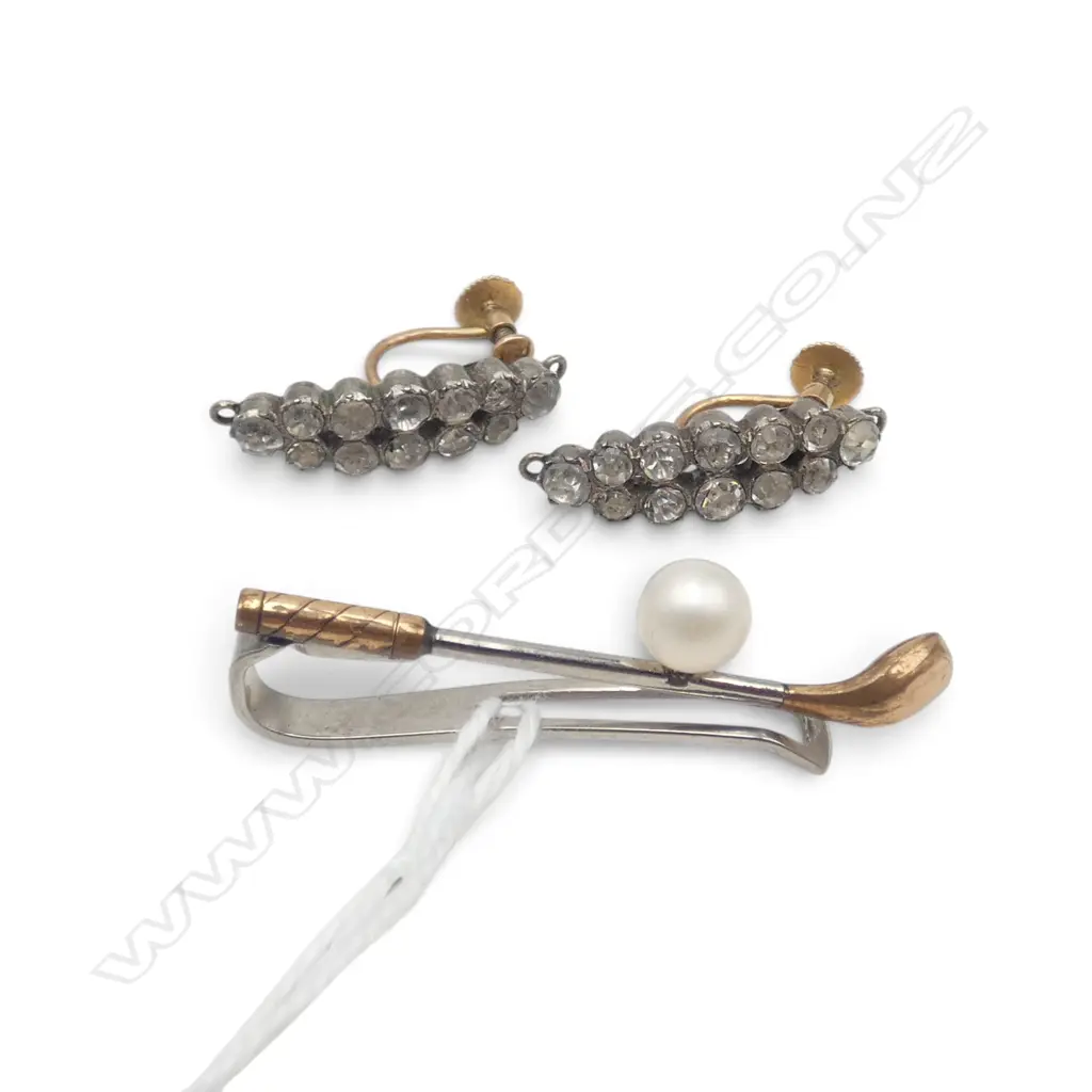 9ct GOLD MOUNTED screw fittings PR DIAMONTE EARRINGS plated mounts + gilt golf club BROOCH w cultured pearl Image 1++