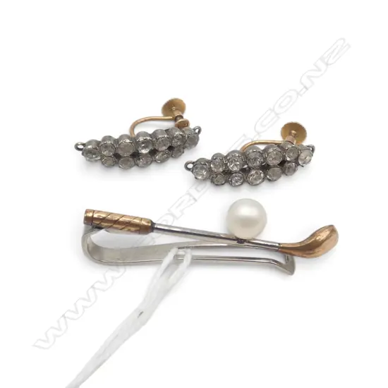 9ct GOLD MOUNTED screw fittings PR DIAMONTE EARRINGS plated mounts + gilt golf club BROOCH w cultured pearl
