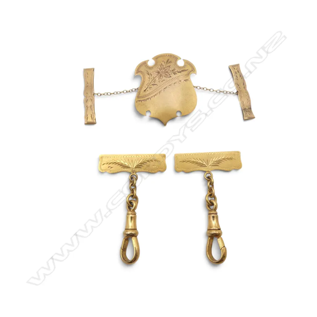 Early 20thC 9ct GOLD FOB FITTINGS clips not stamped testing 7ct+. 10.6gms Image 1++