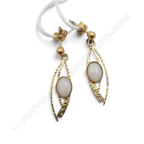 PR SILVER GILT & MILK OPAL DROP EARRINGS. Pierced ear fittings