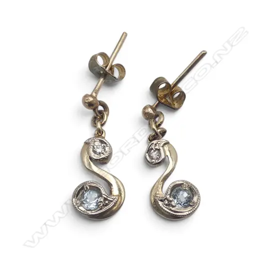 PAIR 9CT GOLD DIAMOND AND AQUAMARINE EARRINGS 2.23gms