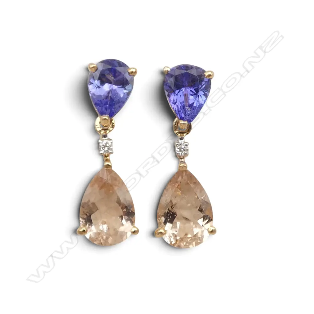PR 14ct DIAMOND, TANZANITE & MORGANITE EARRINGS  Image 1++