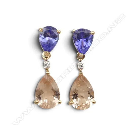 PR 14ct DIAMOND, TANZANITE & MORGANITE EARRINGS 