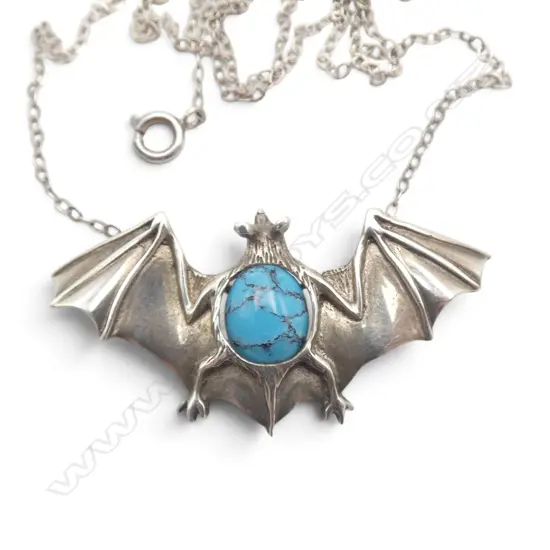 STG SILVER BAT PENDANT mounted w turquoise on fine silver chain