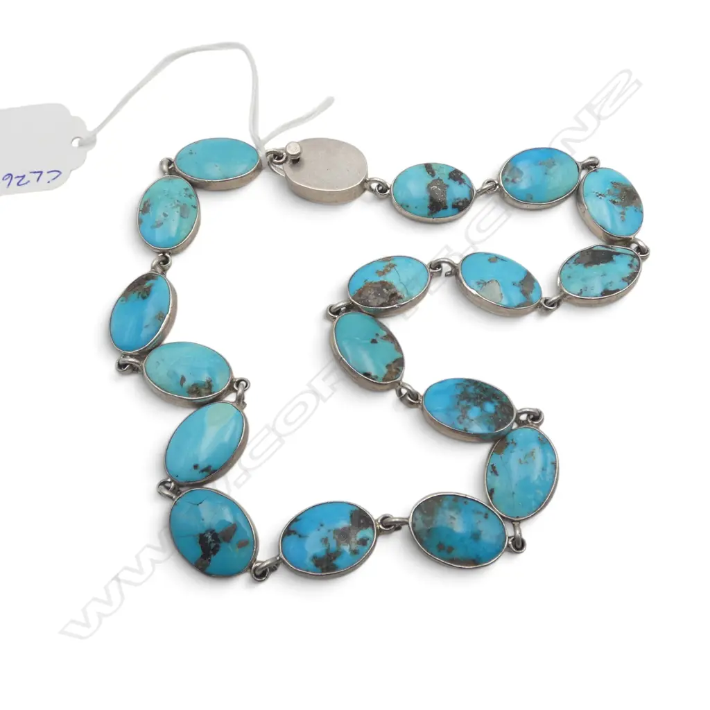 SILVER TURQUOISE NECKLACE by FEDERICO JIMENEZ, L.440mm, stamped sterling & JF Image 1++