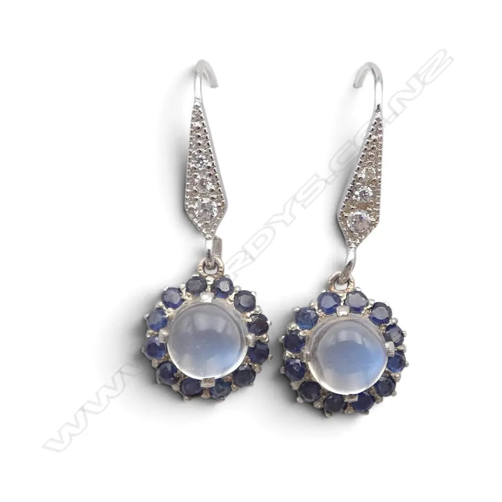 ART DECO AUSTRO-HUNGARIAN SILVER MOONSTONE/SAPPHIRE EARRINGS Image 1++