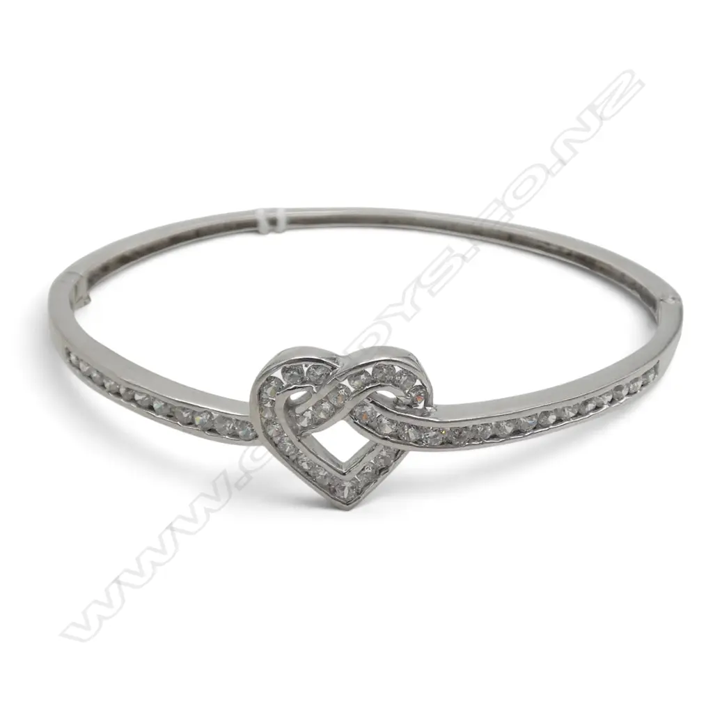 925 SILVER HINGED BANGLE w knotted heart - mounted w channel set faux diamonds Image 1++