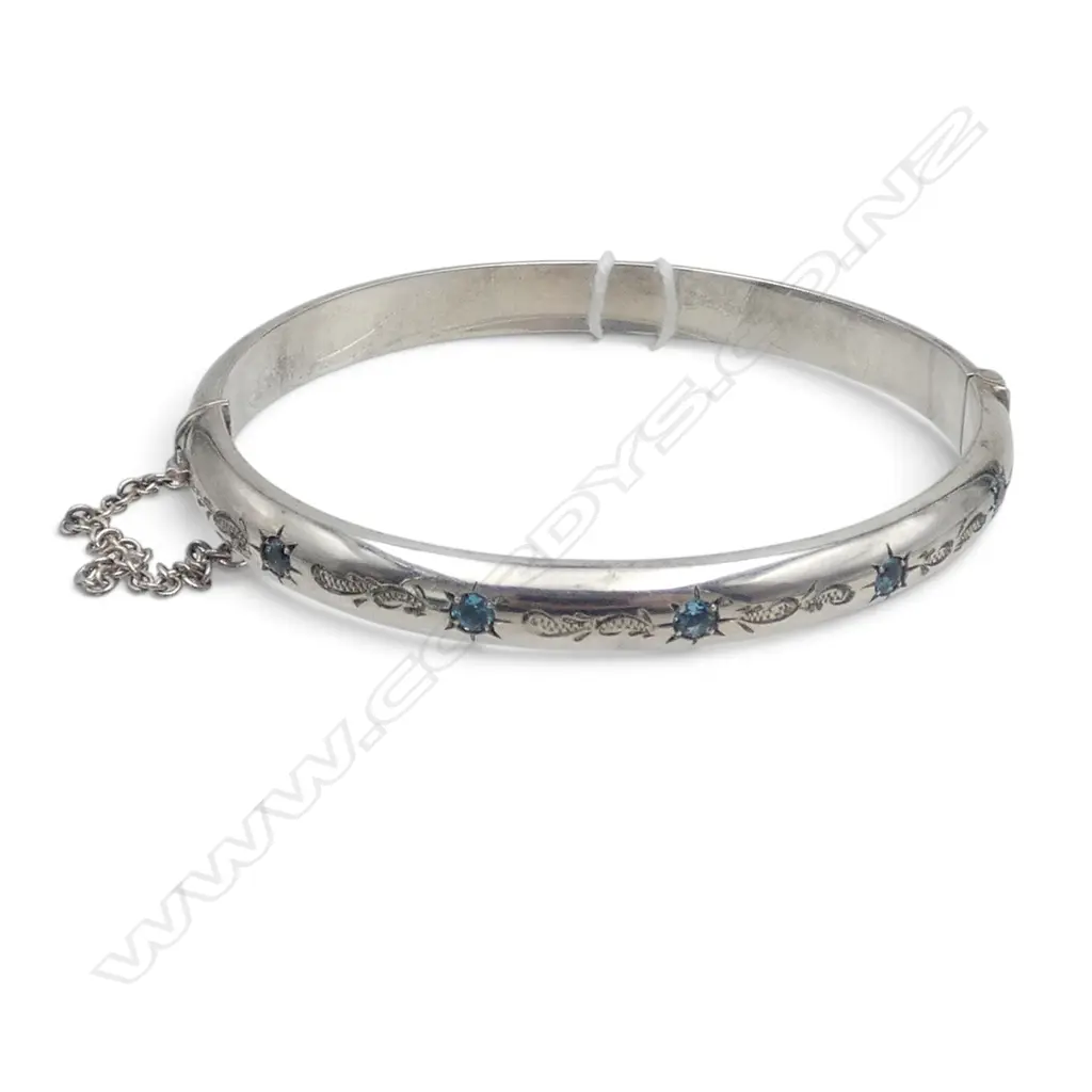 STG SILVER HINGED BANGLE w. 5 stones 13.68gms Image 1++
