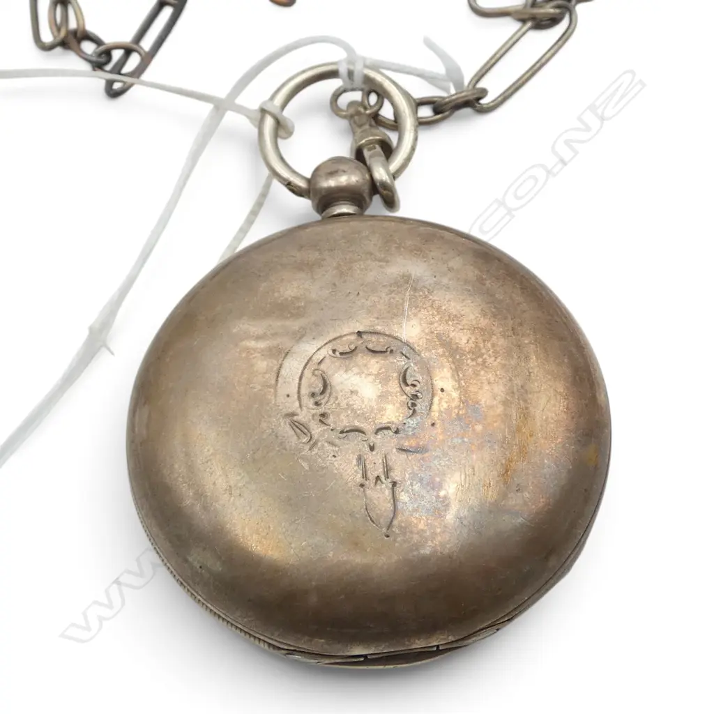 19thC SILVER FUSEE POCKET WATCH running London 1880 on SILVER FOB CHAIN L.500mm. 127gms total Image 1++