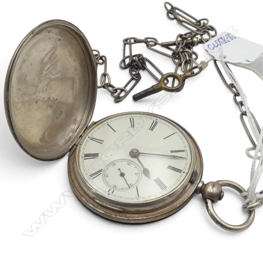 19thC SILVER FUSEE POCKET WATCH running London 1880 on SILVER FOB CHAIN L.500mm. 127gms total Image 1++