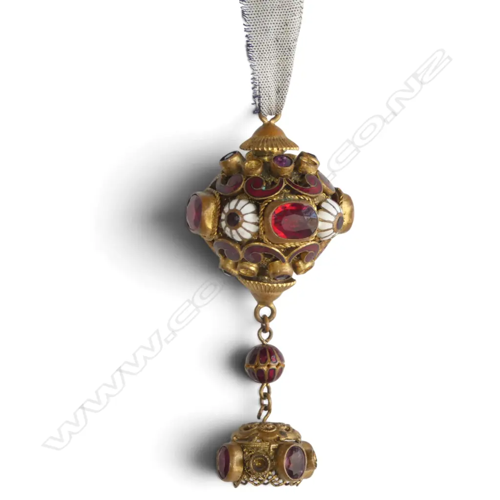 VINTAGE COSTUME PENDANT set with faux red stones & red/white Enamel approx 7cm long Image 1++