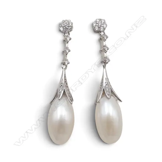 PR STG SILVER & PEARL & CZ EARRINGS, BOXED L.40mm