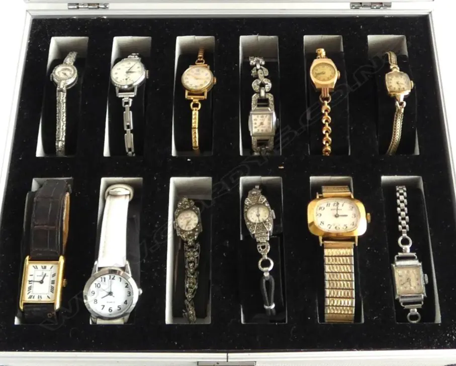 Ladies 18ct GOLD CASED & BUCKLE RICHARDS-ZEGER WATCH 30gms total + WATCH CASE CONTANING 11 VINTAGE LADIES WRISTWATCHES Image 1++