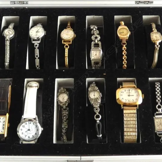 Ladies 18ct GOLD CASED & BUCKLE RICHARDS-ZEGER WATCH 30gms total + WATCH CASE CONTANING 11 VINTAGE LADIES WRISTWATCHES