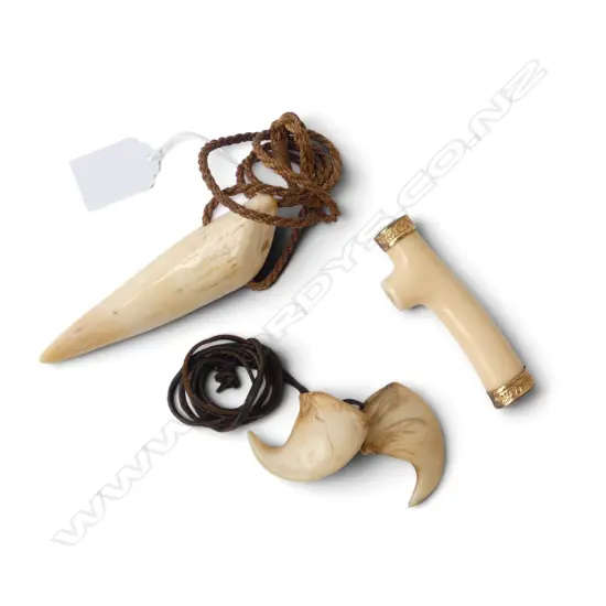 2 PENDANT NECKLACES; TIGER CLAW & TUSK + IVORY? PIECE w. GP ENDS L.85mm