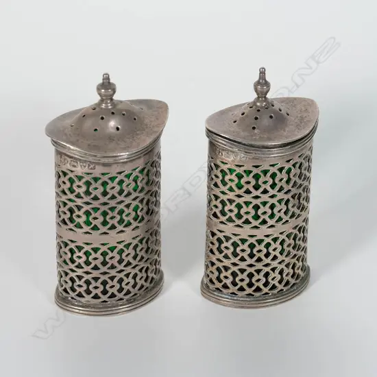 Pr Green Glass Sterling Silver Salt & Pepper Shakers - Jay