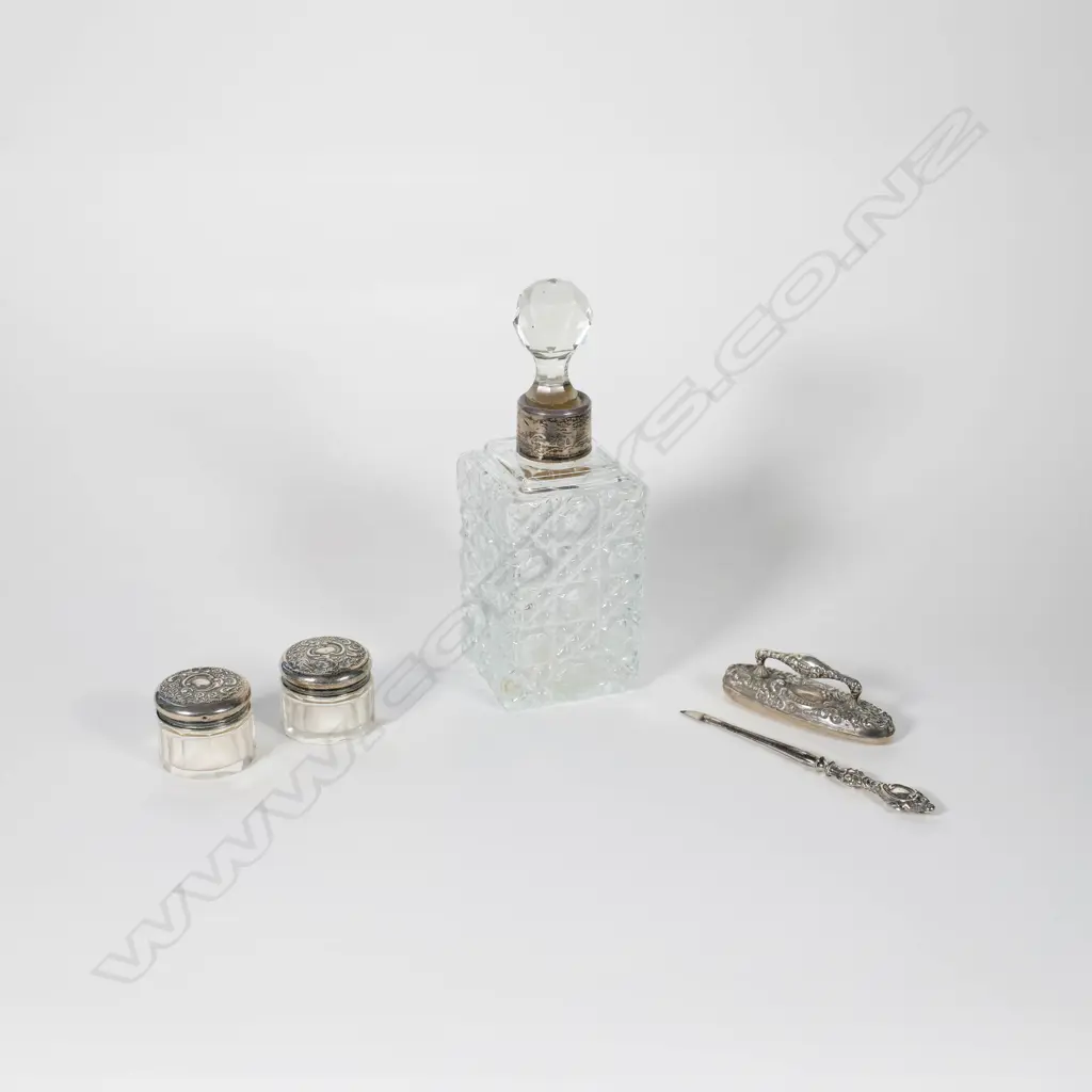 Stg. Silver Vanity Jars with Collared Cut Glass Perfume Bottle etc - Birmingham 1906 Image 1++