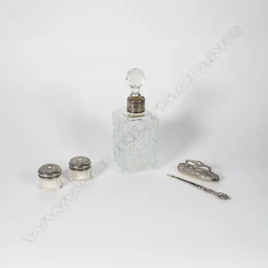Stg. Silver Vanity Jars with Collared Cut Glass Perfume Bottle etc - Birmingham 1906
