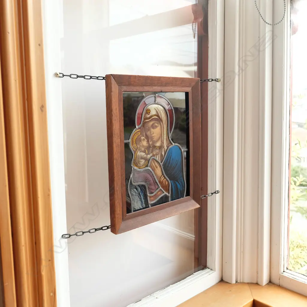 Quality reverse painted stained glass Marian Icon in oak frame Image 1++