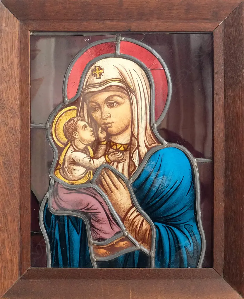 Quality reverse painted stained glass Marian Icon in oak frame Image 1++