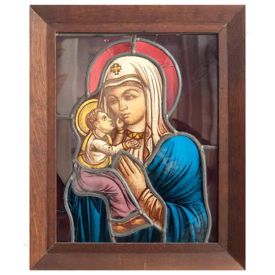 Quality reverse painted stained glass Marian Icon in oak frame