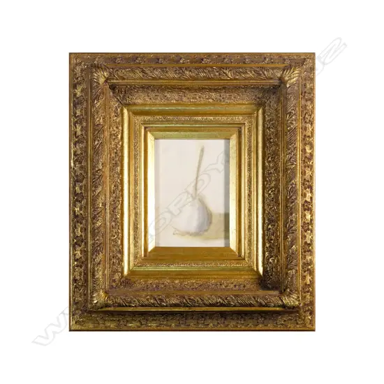Peter Boggs - Garlic Bulb - mixed media on card in gilt frame