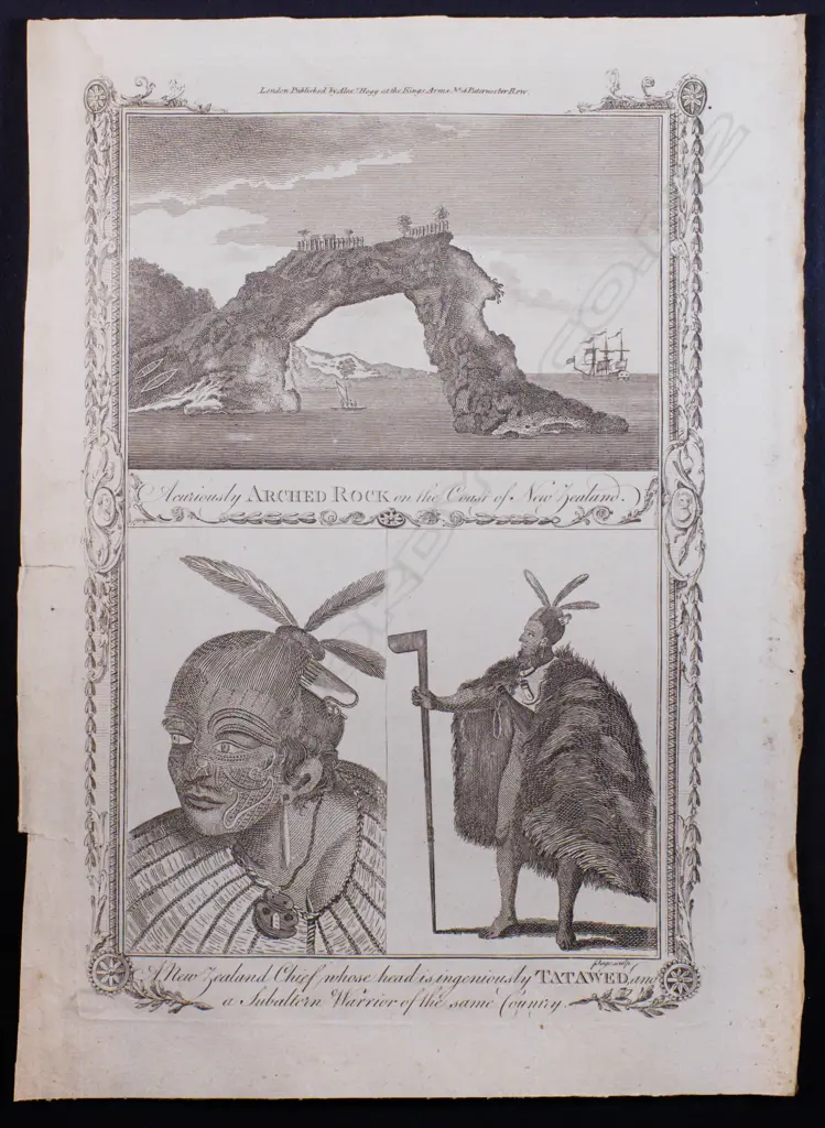 After Sidney Parkinson - A curiously arched rock/A New Zealand chief - engraving c. 1800 Image 1++