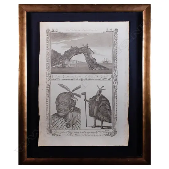 After Sidney Parkinson - A curiously arched rock/A New Zealand chief - engraving c. 1800
