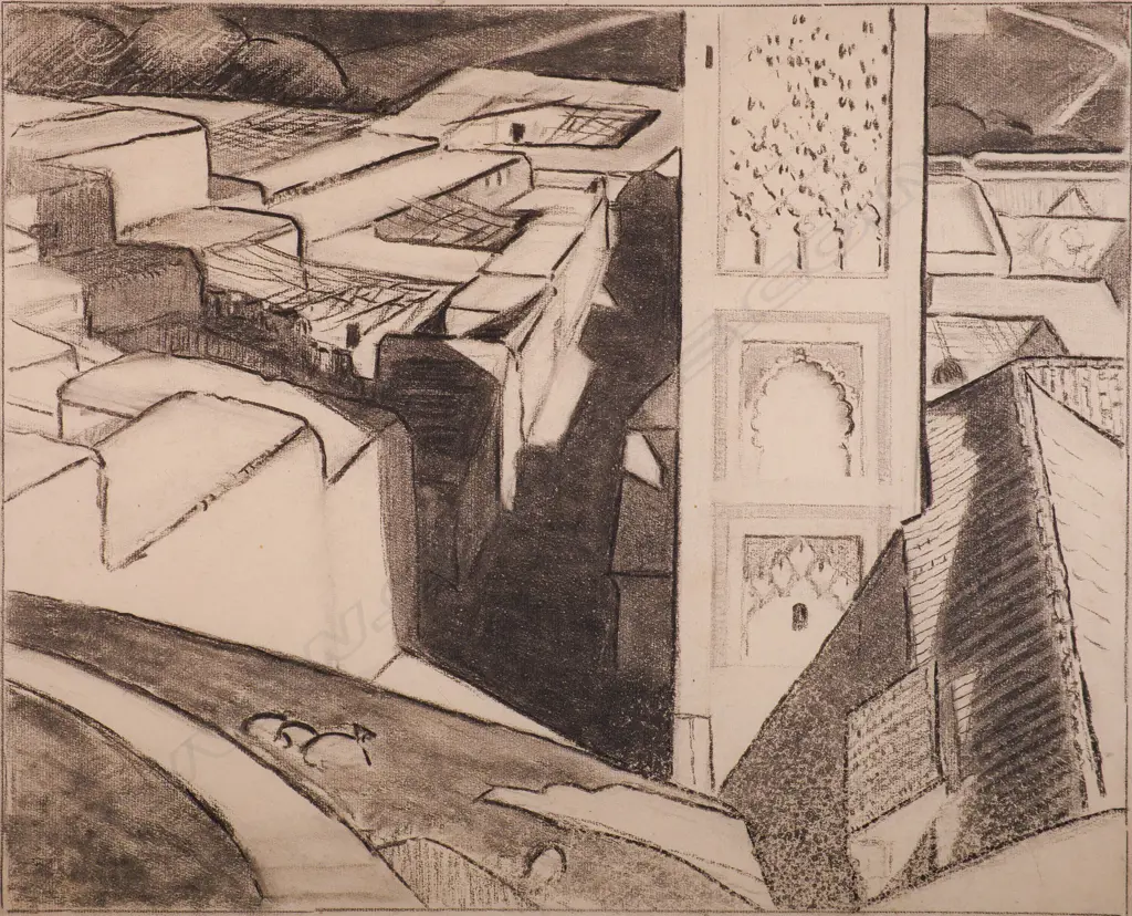 John Weeks (1886-1965) - Rooftops (Morocco) - Charcoal. late 1920s Image 1++