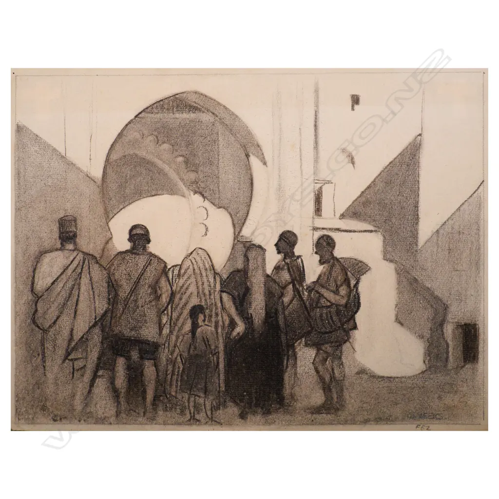 John Weeks (1886-1965) - Fez (Market Scene) - charcoal c. 1920s. signed Image 1++