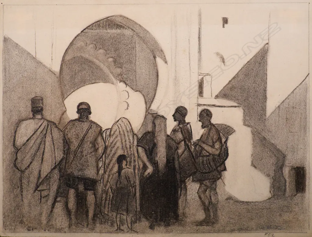 John Weeks (1886-1965) - Fez (Market Scene) - charcoal c. 1920s. signed Image 1++