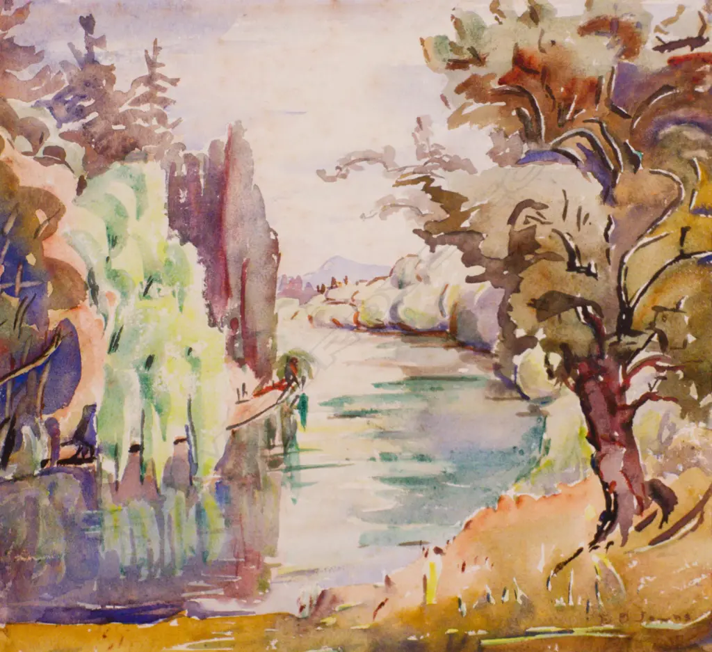 Eana B. Jeans  (1890-1986) - River Landscape (Hawkes Bay) - watercolour Image 1++