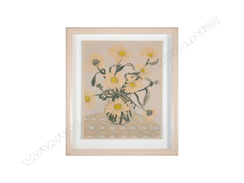 Artist Unknown - Still Life with Marguarites - vintage linocut Image 1++