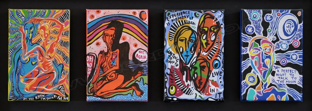 Diva Ford - Four works framed together. Acrylic. All signed. Each 150 x 100mm
 Image 1++