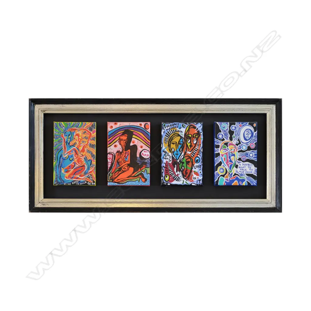 Diva Ford - Four works framed together. Acrylic. All signed. Each 150 x 100mm
 Image 1++