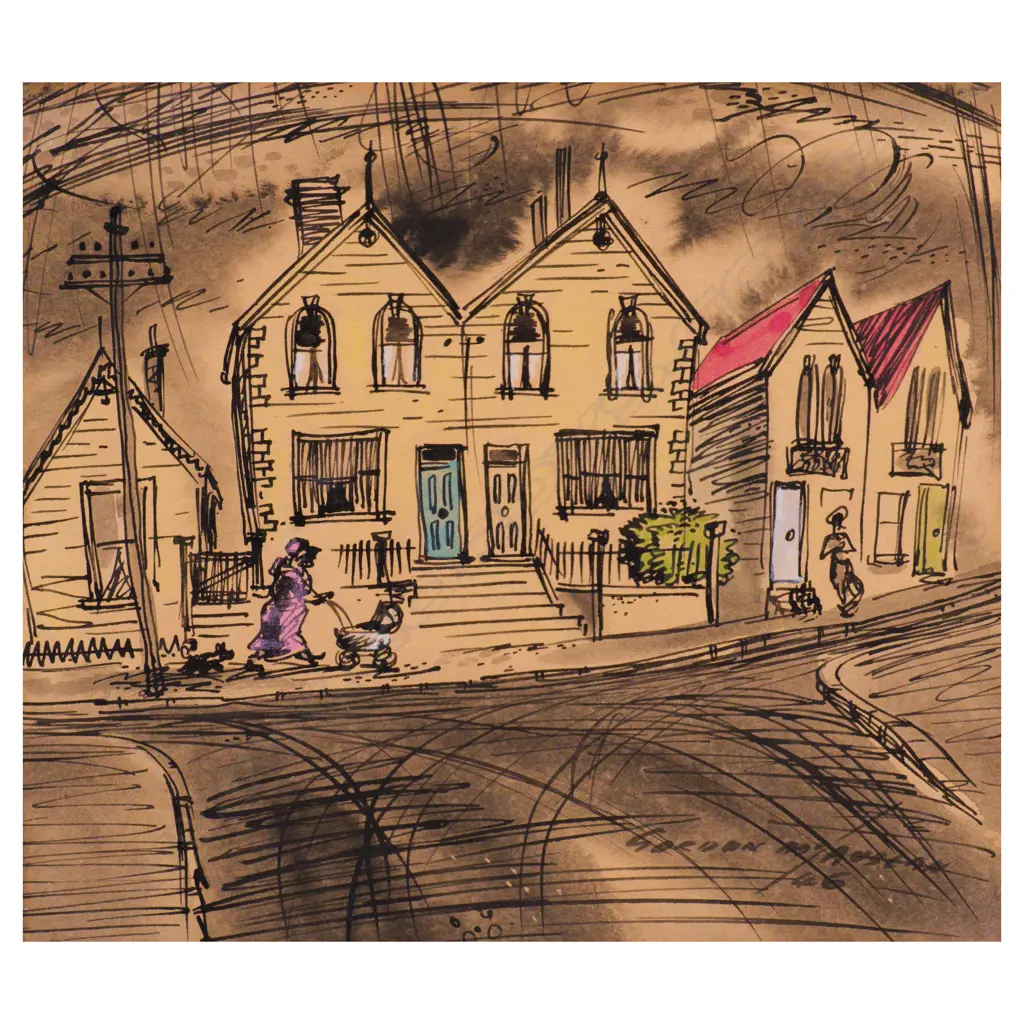 Gordon McAuslan - Wellington Street Scene. ink & watercolour. 1946 Image 1++