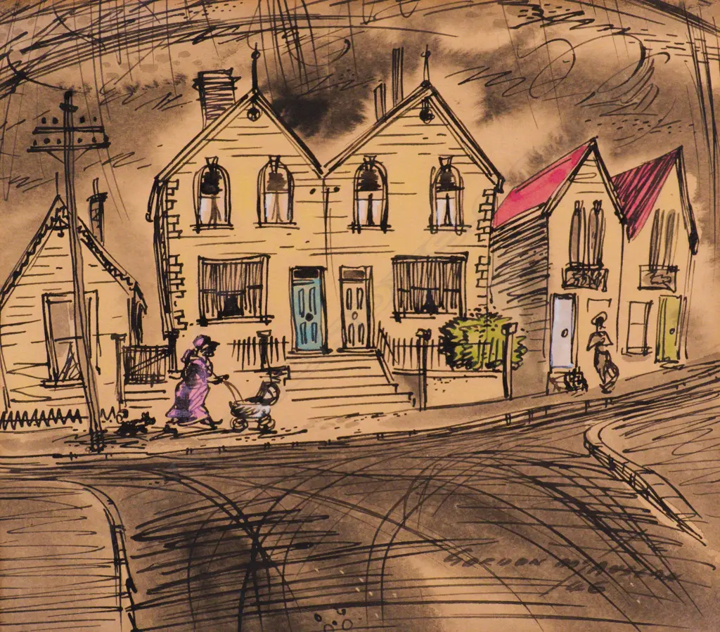 Gordon McAuslan - Wellington Street Scene. ink & watercolour. 1946 Image 1++