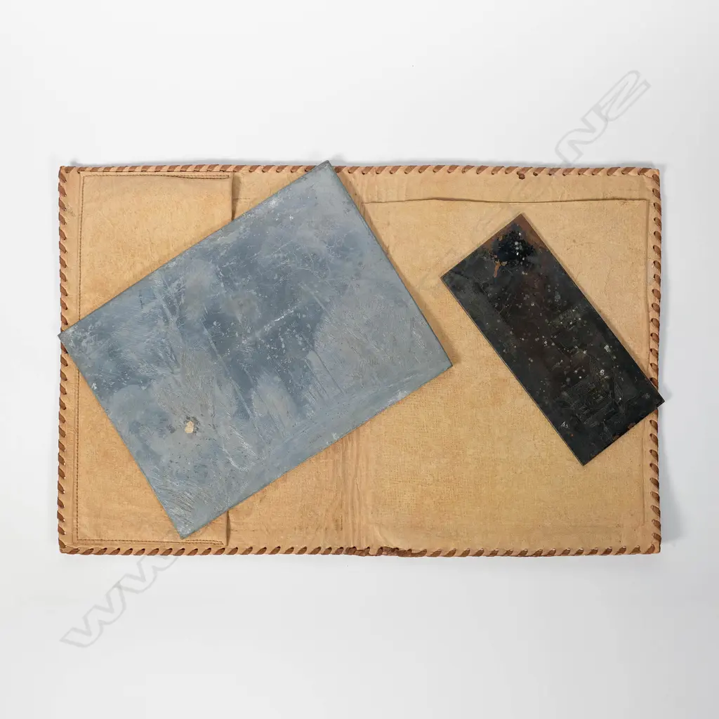Two John Weeks etching Plates in hand tooled leather pouch Image 1++