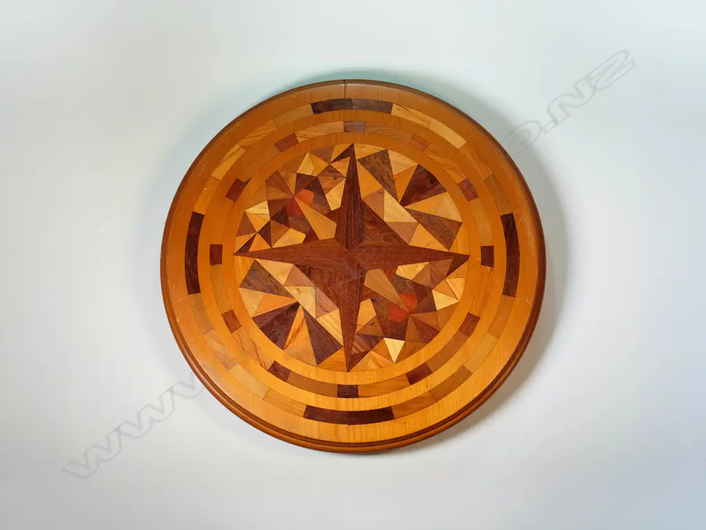 New Zealand Colonial Inlaid Wood Table Top. 585mm dia Image 1++