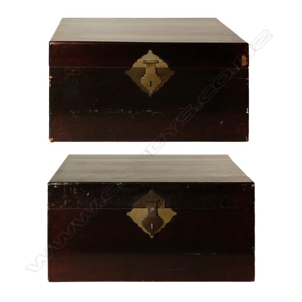 Pr. Vintage Chinese lacquer trunks w/handles Image 1++