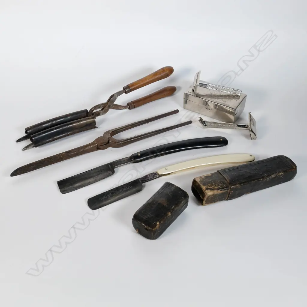 Lot asst. Cuthroat razors, in leather case. 19th c. cast iron hair curler etc Image 1++