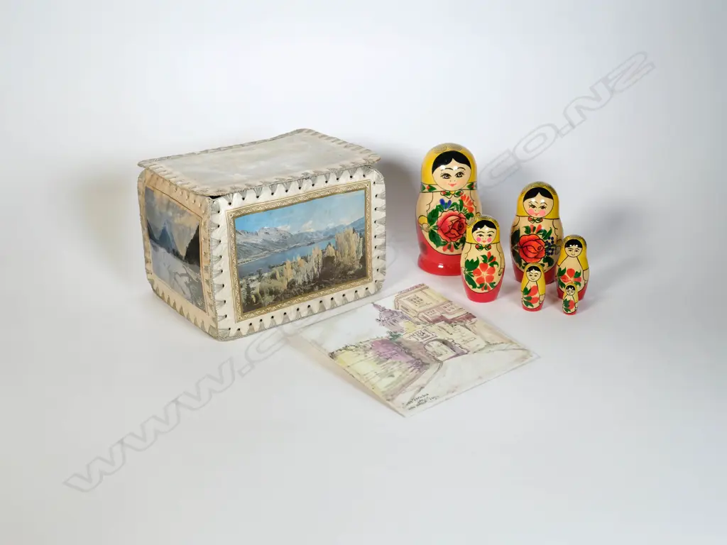 Russian Dolls.  Handmade Mid C. Trinket Box. Painted 1919 Tile Image 1++