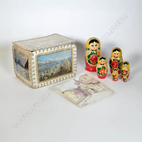 Russian Dolls.  Handmade Mid C. Trinket Box. Painted 1919 Tile