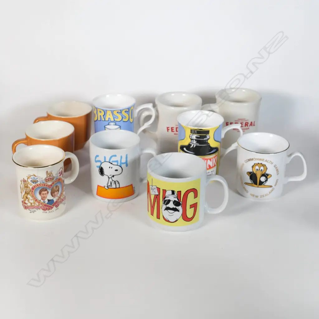 10 Mugs incl. Crown Lynn. Federal St Deli. Billy T James & Snoopy Image 1++