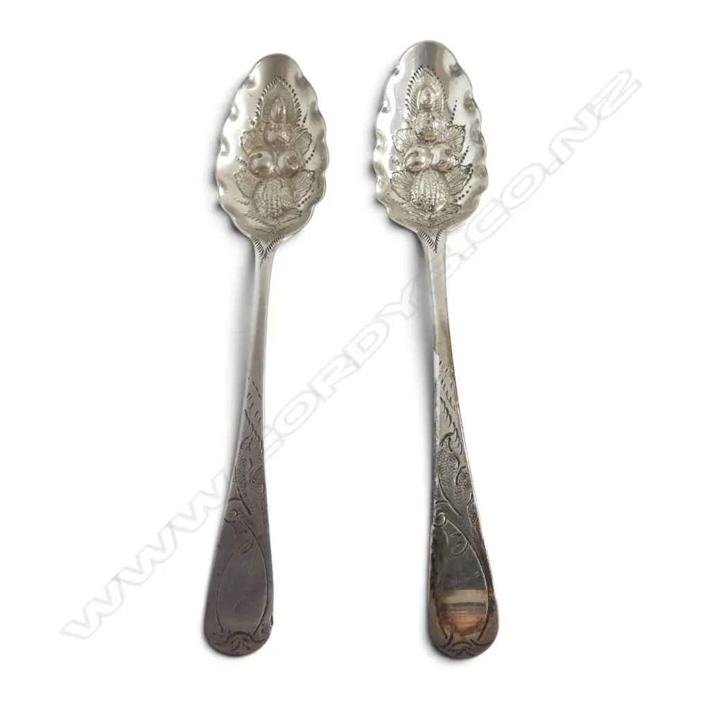 2 SMALL GEORGIAN STG SILVER TEA SPOONS later embossed w. berry bowl, LOnDON 1804 & 1825, 31gms Image 1++