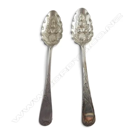2 SMALL GEORGIAN STG SILVER TEA SPOONS later embossed w. berry bowl, LOnDON 1804 & 1825, 31gms