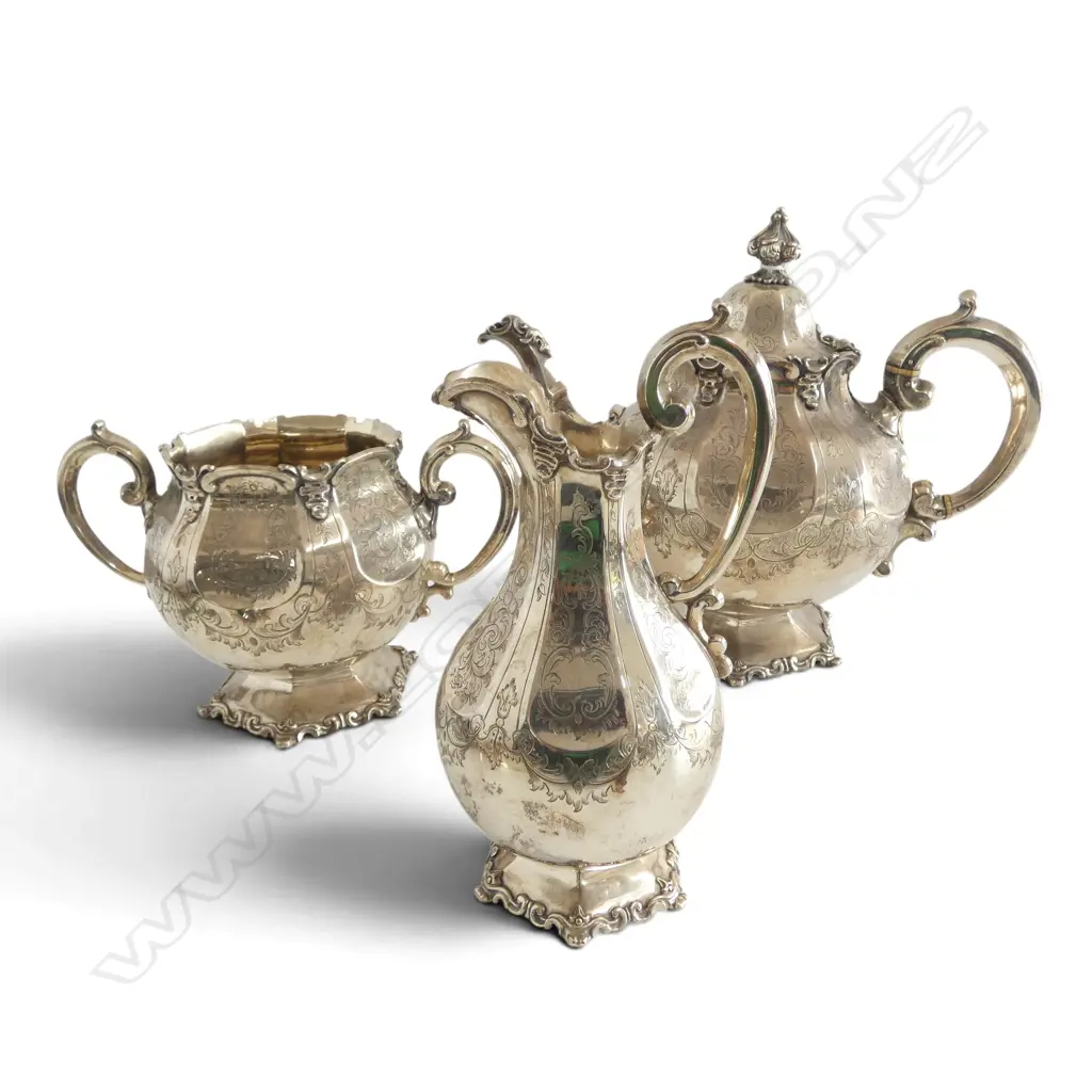 3 PCE STG SILVER TEA SET, JOHN ANGELL II & GEORGE ANGELL, LONDON 1847, 1589gms Image 1++